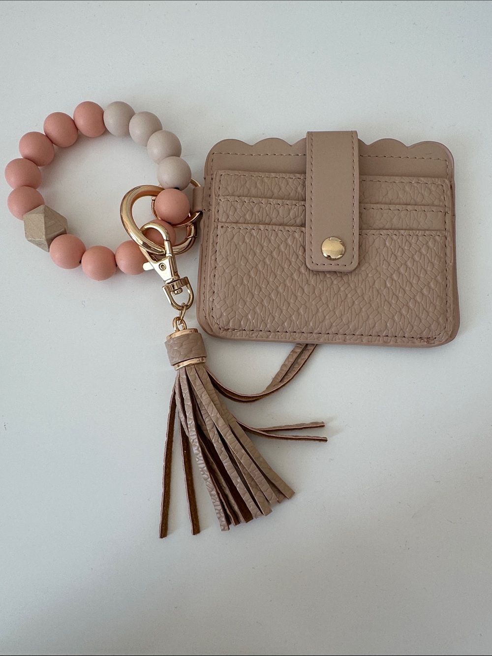 Beige Tassel Card Holder Keyring with Pink Beaded Wristlet